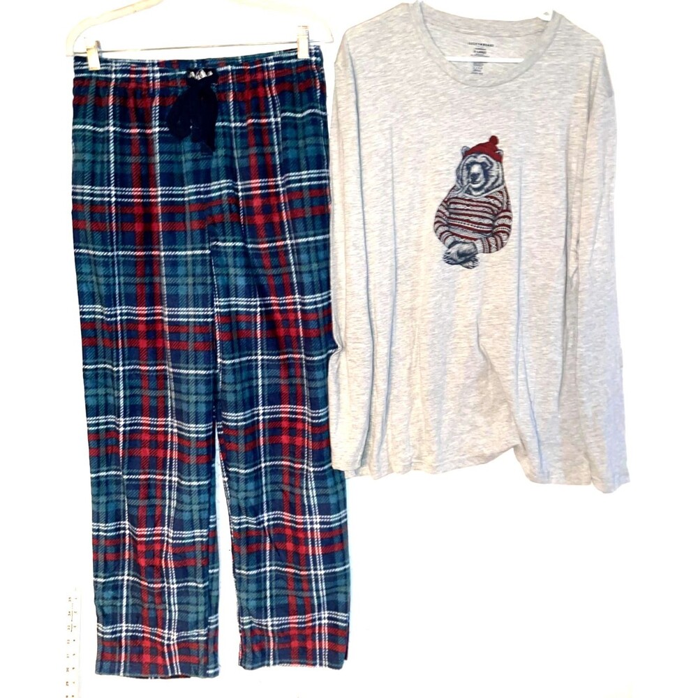 Lucky Brand Men's 2 Pc Pajama Set XL Long Sleeve Bear Fleece Plaid pants New